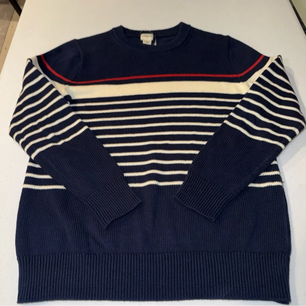 J Crew Crewcuts Boys XL 12-14 Navy Blue Striped‎ Cotton Knit Crewneck Sweater